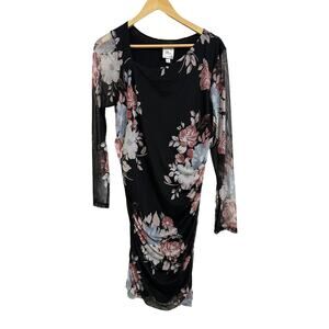 Lisa & Lucy mesh side ruched maternity black floral dress size Large NEW $108‎